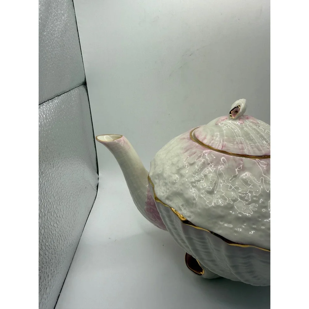 Belleek Ireland Neptune Shell Teapot Pink White Gold Trim Parian China